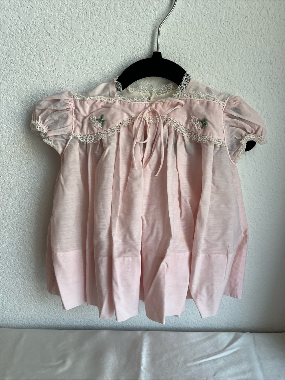Vintage C.I. Castro Pale Pink Lace-Trim Smocked Baby Dress
